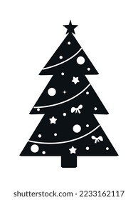 Christmas tree icon. Tree in toys and garlands. Abstract and minimalistic silhouette. Symbol of winter holidays and New Year. Traditions and culture concept. Cartoon flat vector illustration