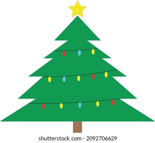 Ilustración vectorial de icono del árbol de Navidad. Árbol festivo verde con luces de colores y estrella amarilla. 