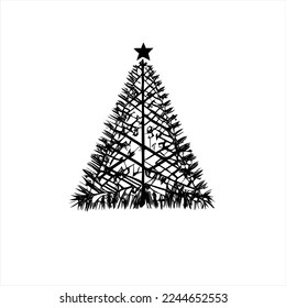 Icono de árbol de Navidad. Ilustración vectorial eps 10. Dibujo en blanco y negro de un árbol de navidad con estrellas en la parte superior, con hierba y ramas