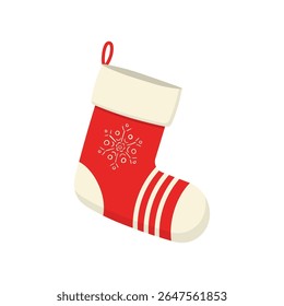 Christmas tree icon vector. Knitted socks design for new year surprise. Fun winter celebration illustration. Cute textile symbol with soft red snow pattern. Hanging cozy cartoon element.