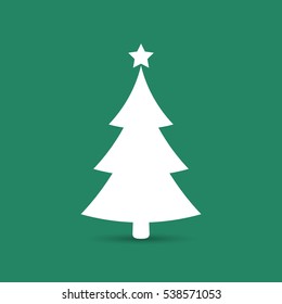 Christmas tree icon, vector simple design. White symbol of fir-tree, isolated on green background.