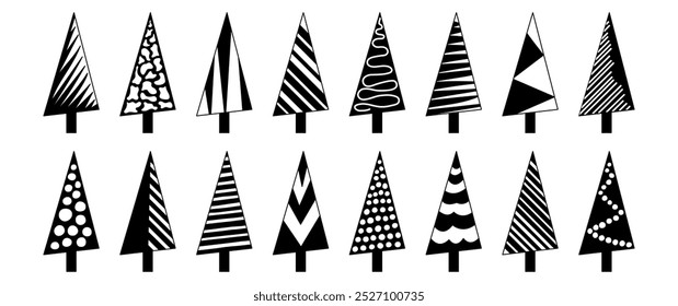 Christmas tree icon, winter doodle fir set, simple pine geometric shape. Black silhouettes isolated on white background. New Year and Xmas element. Minimalist design. Holiday vector illustration