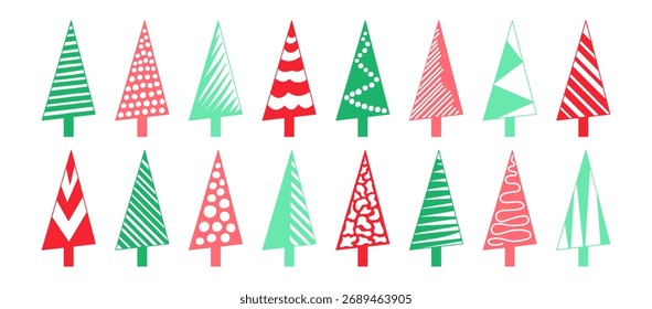 Christmas tree icon, winter doodle fir set, simple pine geometric shape. Green and red color silhouette set isolated on white background. New Year and Xmas element design. Holiday vector illustration