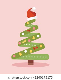 Christmas tree icon. Winter plant with bright balls and garlands under santa claus hat. Comfort and coziness in apartment and home. Poster or banner for website. Cartoon flat vector illustration