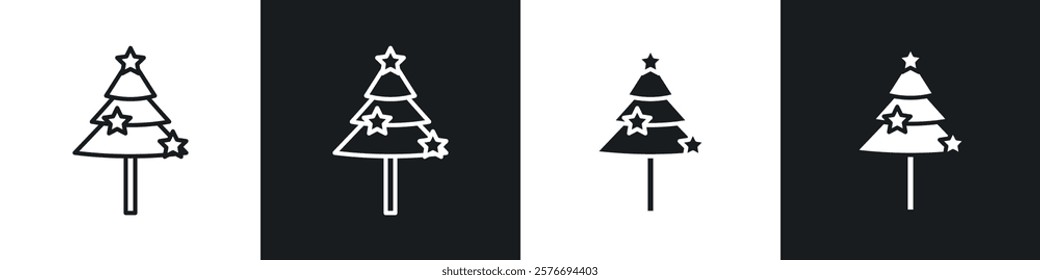 Christmas tree icons collection in black and white solid and line style