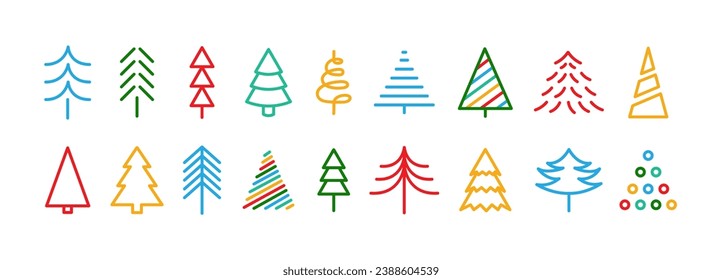 Christmas tree icons. Collection of Christmas trees in Doodle Style. Multicolored Christmas symbols in geometric style. Children's drawing of Christmas trees with crayons and pencil