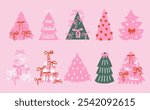 Christmas tree icons. Cute girly coquette style. Pink ribbon and bow. Y2k aesthetic. Vector