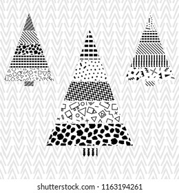 Christmas tree icons from different textures-vector illustration. The zigzag seamless background hand drawn.