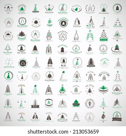 Christmas Tree Icons And Elements Set - Isolated On Gray Background - Vector Illustration, Graphic Design Editable For Your Design  