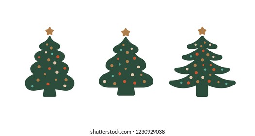 Christmas tree icons, flat vector illustration set.