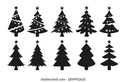 Christmas tree icons isolated on white background in big set. Black vector silhouettes of christmas trees with a stars at the top.