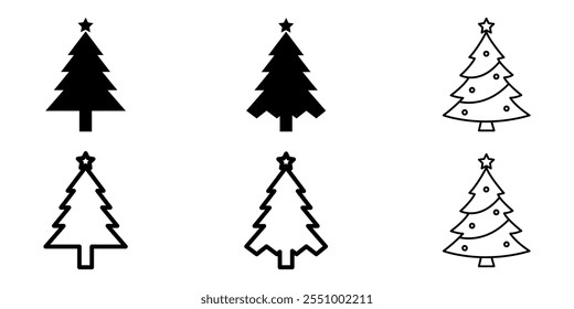 Christmas tree icons, minimalist design, black and white, vector graphics, star toppers, ornaments, pine trees, stylized shapes, festive symbols, simple outlines, varying styles, holiday motifs, geome