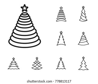 christmas tree icons outline on white background. 