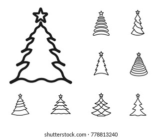 christmas tree icons outline on white background. 