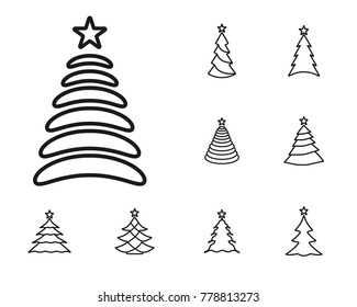 christmas tree icons outline on white background. 