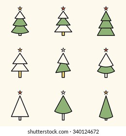 Christmas tree icons. Pine tree. Vector set, geometric icons. Line-art.