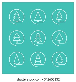 Christmas tree icons. Pine tree. Vector set, geometric icons. Line-art.
