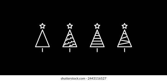 Christmas tree icons set. Black background. Linear style