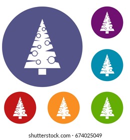 Christmas tree icons set in flat circle reb, blue and green color for web
