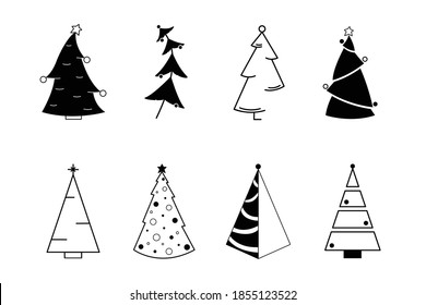 Iconos de árbol de Navidad establecidos aislados en fondo blanco. Ilustración vectorial moderna para el diseño de tarjetas de felicitación, invitación, banner, web o logotipo.