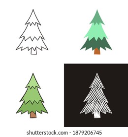 Christmas tree icons set isolated on white background. Hand-drawn contour icon in doodle style, flat and chalk on a black board. Vector illustration for nature design.