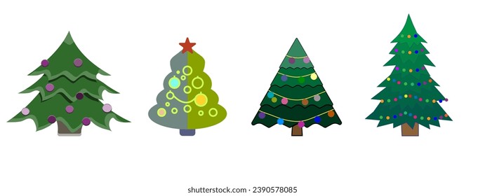 Christmas Tree icons set. Merry Christmas and Happy New Year decoration, pine tree with balls and lights on white background, vector illustration