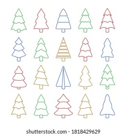 Christmas Tree icons set. Outline monochrome web sign out of stylized spruce. Simple christmas tree color contour symbol isolated.