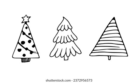 Christmas Tree icons set. Simple Doodle hand drawing editable illustration. Black contour of Spruce on white background