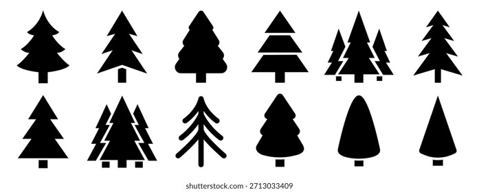 Conjunto de iconos de árbol de Navidad. Siluetas de pino y abeto de invierno en estilos sólidos simples. Colección festiva del árbol de hoja perenne de las vacaciones para las decoraciones de la Navidad y el diseño estacional - Vector de stock
