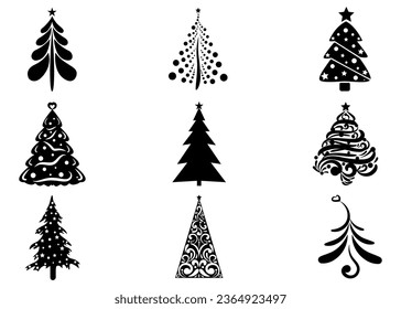 Christmas tree icons, silhouettes in black color. minimalist icons vector illustration. 