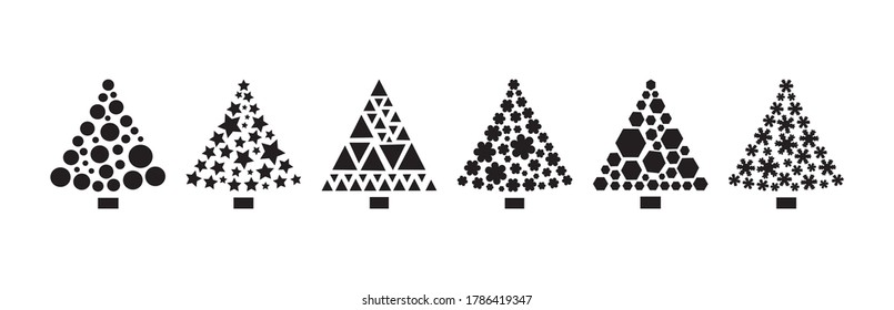 Christmas tree icons, stylized ornament, black silhouettes isolated on white background. Vector illustration