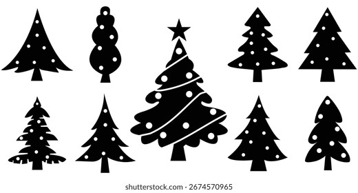 Christmas Tree Icons Vector Silhouette On White Background. minimalist pine tree silhouettes, holiday decoration vector, festive symbols collection, winter celebration graphic design. eps 10
