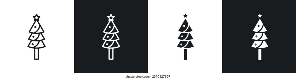 Christmas tree icons vectors set in black. line and flat versions