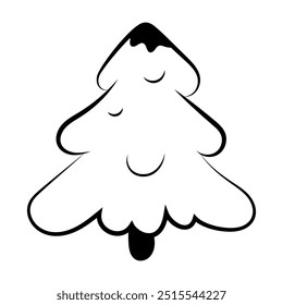 Christmas tree illustration in a black and white outline for coloring book page. Winter vector pine tree isolated on white background ready for print.