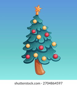 Ilustración del árbol de Navidad. Arte vectorial de árbol de Navidad de dibujos animados. Fondo con degradado azul.