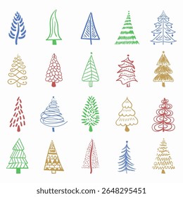 Christmas tree illustration. Cute xmas design with pink star, gift and winter flowers. Hand drawn elements for holiday card. Decorative fir with snowflake and warm wishes for december.

