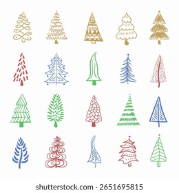Christmas tree illustration. Cute xmas design with pink star, gift and winter flowers. Hand drawn elements for holiday card. Decorative fir with snowflake and warm wishes for december.

