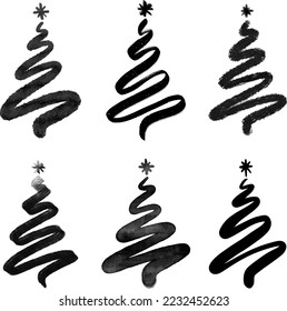 Christmas Tree Illustration Design Set in 6 Brush Strokes Simple Style Vector