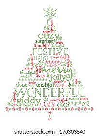 Christmas tree illustration designed with words and snowflakes.