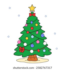 A Christmas tree illustration with festive decorations, perfect for holiday, winter, and decoration themed designs.