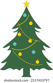 Christmas Tree Illustration with Flat Cartoon Design. Isolated on White Background