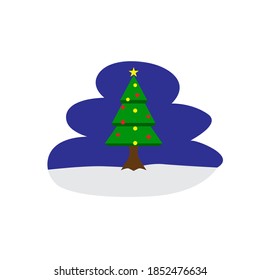 Christmas tree illustration flat design with night on snow background. christmas tree icon with data style