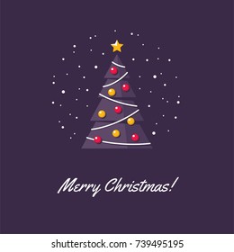 Christmas tree illustration in flat style. New Year greeting card, banner or poster design.