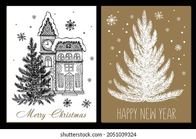 Christmas tree, Illustration of houses. Hand drawn style. Vector.	

