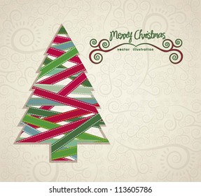 Christmas tree illustration made with colored ribbons, vector illustration