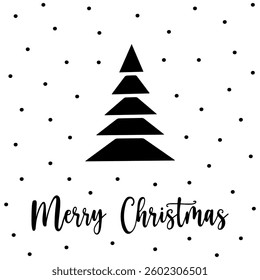 Christmas tree illustration in minimalist design for postcard. Hand drawn geometric Christmas tree with black layers isolated. Concept stylish Christmas tree postcard to send holiday greetings.
