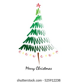 Christmas tree illustration with red star on top, Merry Christmas.