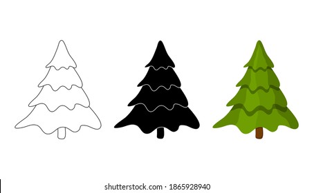 Christmas tree illustration set. Collection vector fir tree isolated on white background. Cartoon, outline and silhouette design. Icon or symbol for winter holidays.