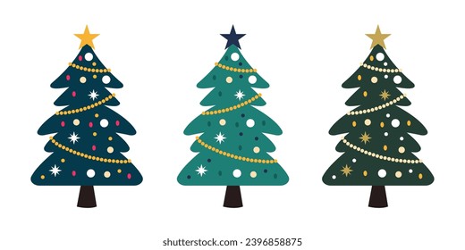 Christmas tree illustration set. Colorful vector illustrations. Cute Christmas trees with balls, stars, and garlands.