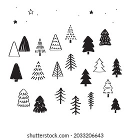 Christmas tree illustration set, Vector hand drawn elements